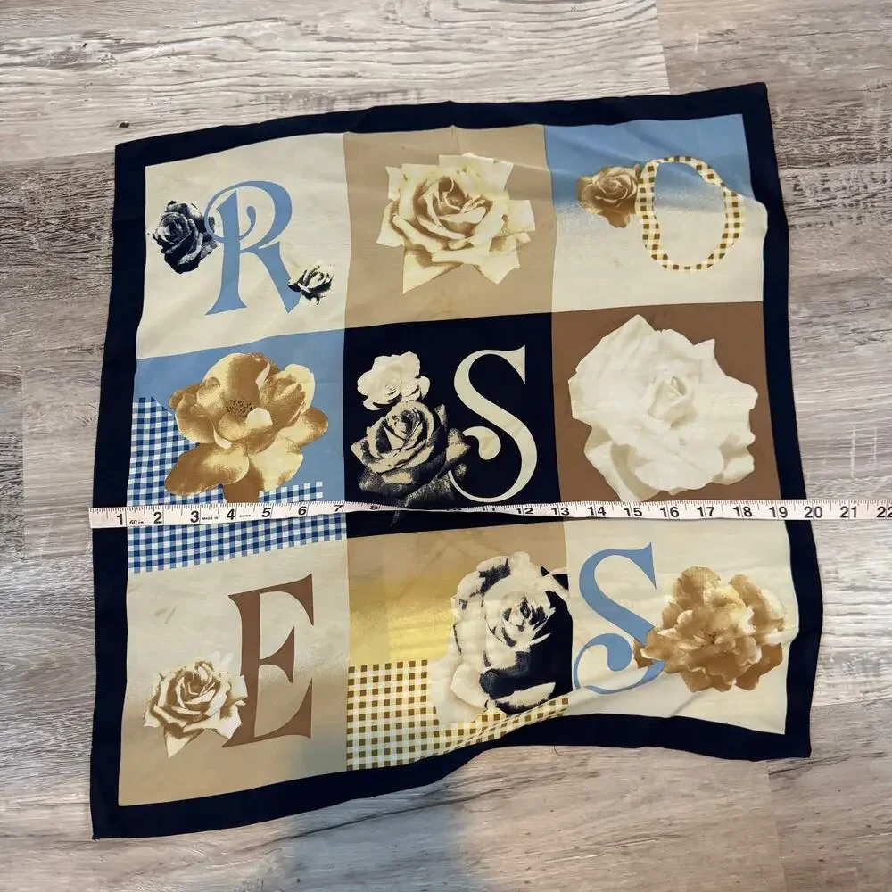 Silk Roses Alphabet Square Scarf Floral Cream Blue Coquette
